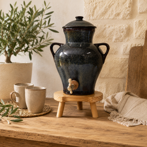 Vinaigrier en Grès Vert Sauge 2,5 L avec Tabouret en Bois — Duhallé