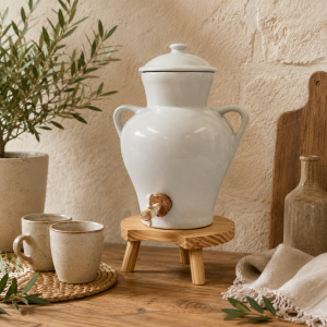 Vinaigrier en Grès Blanc Camélia 2,5 L avec Tabouret en Bois