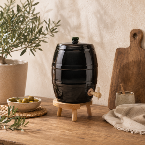 Vinaigrier Tonneau en Grès Bleu Nuit - 5 litres avec son Tabouret en Bois