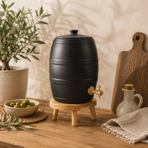 Vinaigrier Tonneau en Grès Noir - 5 litres avec son Tabouret en Bois